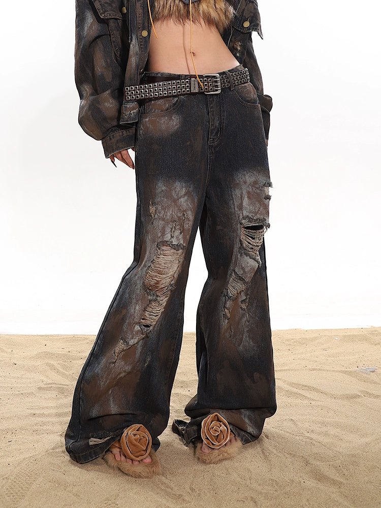 Winter new 2024 Paris show wasteland destruction niche design wide-leg jeans women