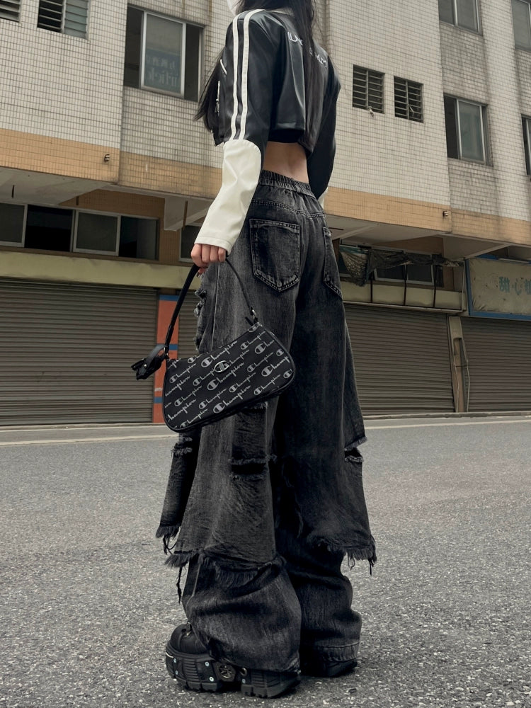 American high street fake two-piece hip-hop jazz old jeans women's wide-leg street hip-hop rough edge tooling