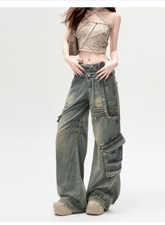 Design Tooling Jeans Women's Loose Skinny Rivet High Waist Spice Girl Straight Wide Leg Pants