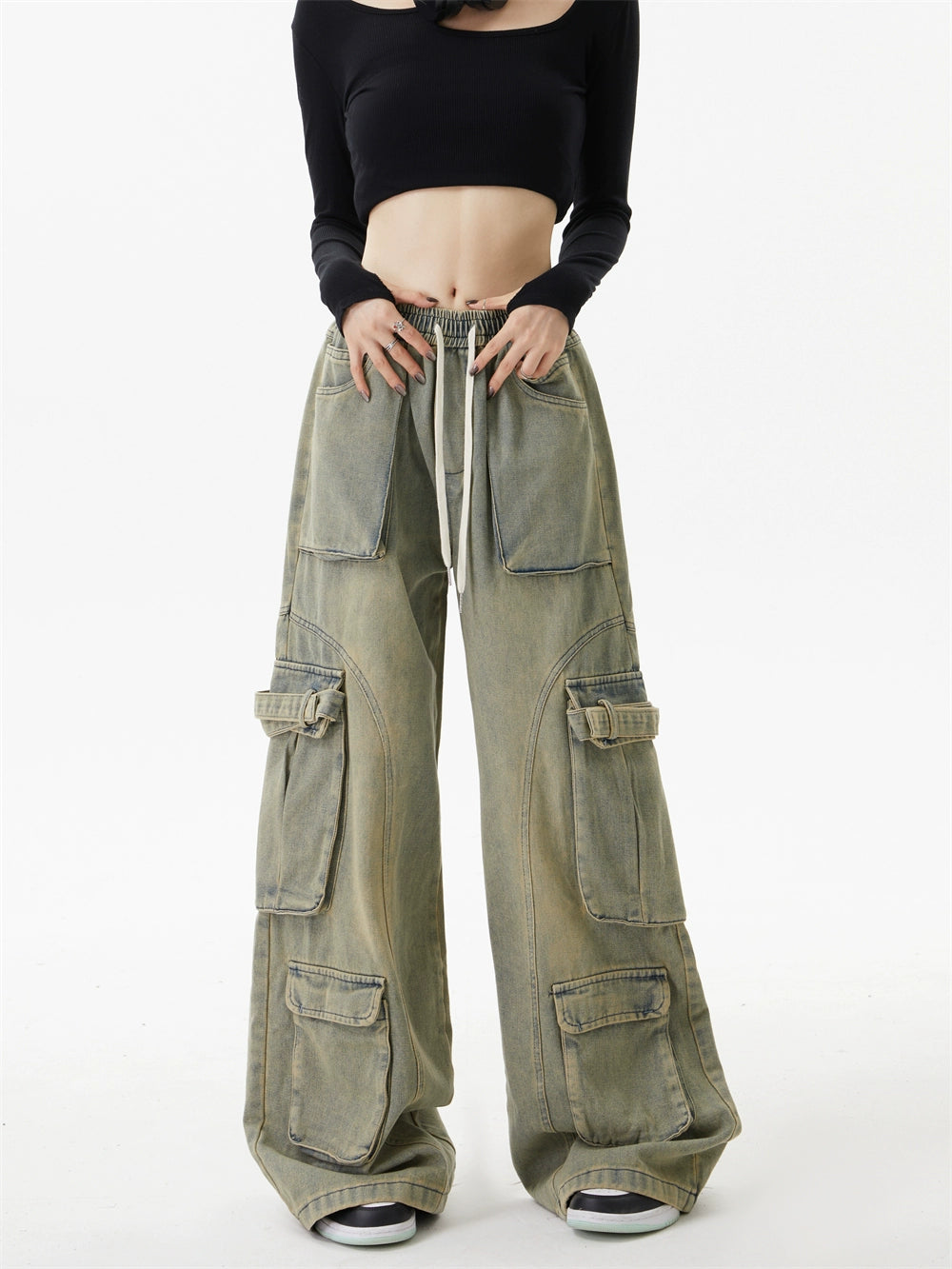 American three-dimensional multi-pocket washing jeans street retro loose wide-leg casual trousers