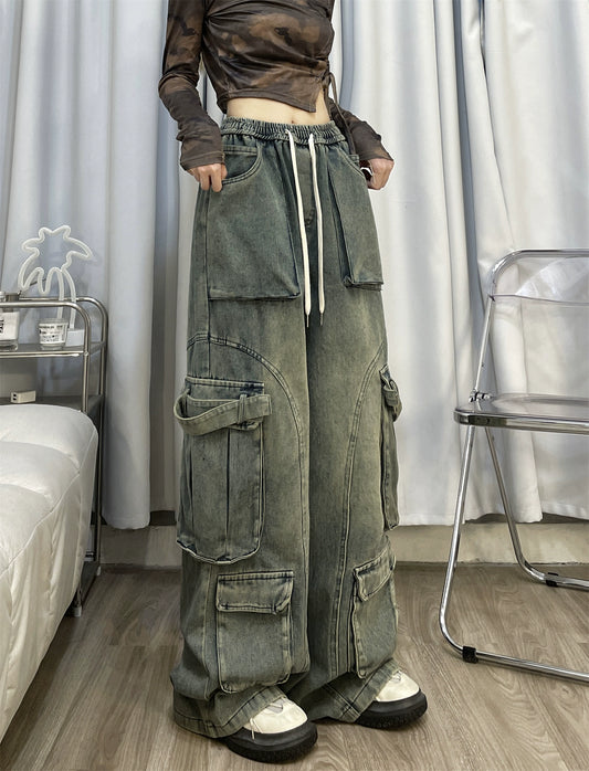 American street spice overalls autumn and winter new heavy industry design loose and thin straight floor-mopping trousers