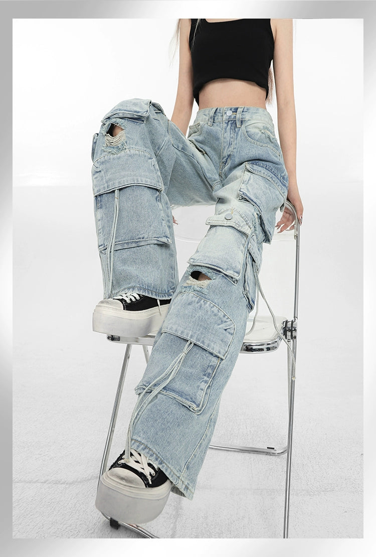 American hip-hop pants multi-pocket heavy industry overalls women's summer high-waisted retro straight jeans