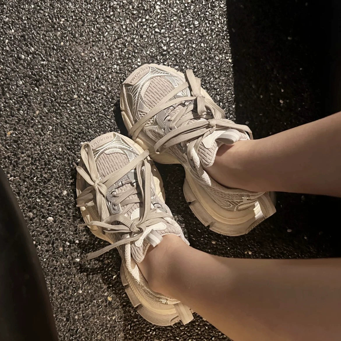 Trendy and textured! Champagne gold thick sole increases the height of casual versatile leather dad shoes for women