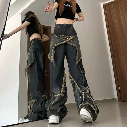 American niche design pants star patch heavy craftsmanship rough edge jeans wide leg pants