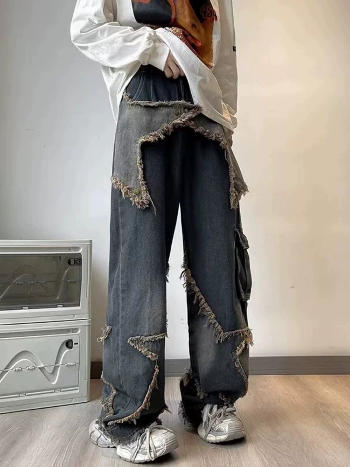 Pentagram design jeans men's American retro rough edge old washed high street pants tooling wide leg trousers