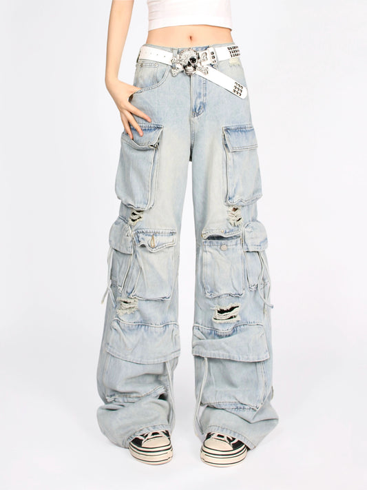 American retro multi-pocket old jeans overalls women's niche design ripped washed casual pants