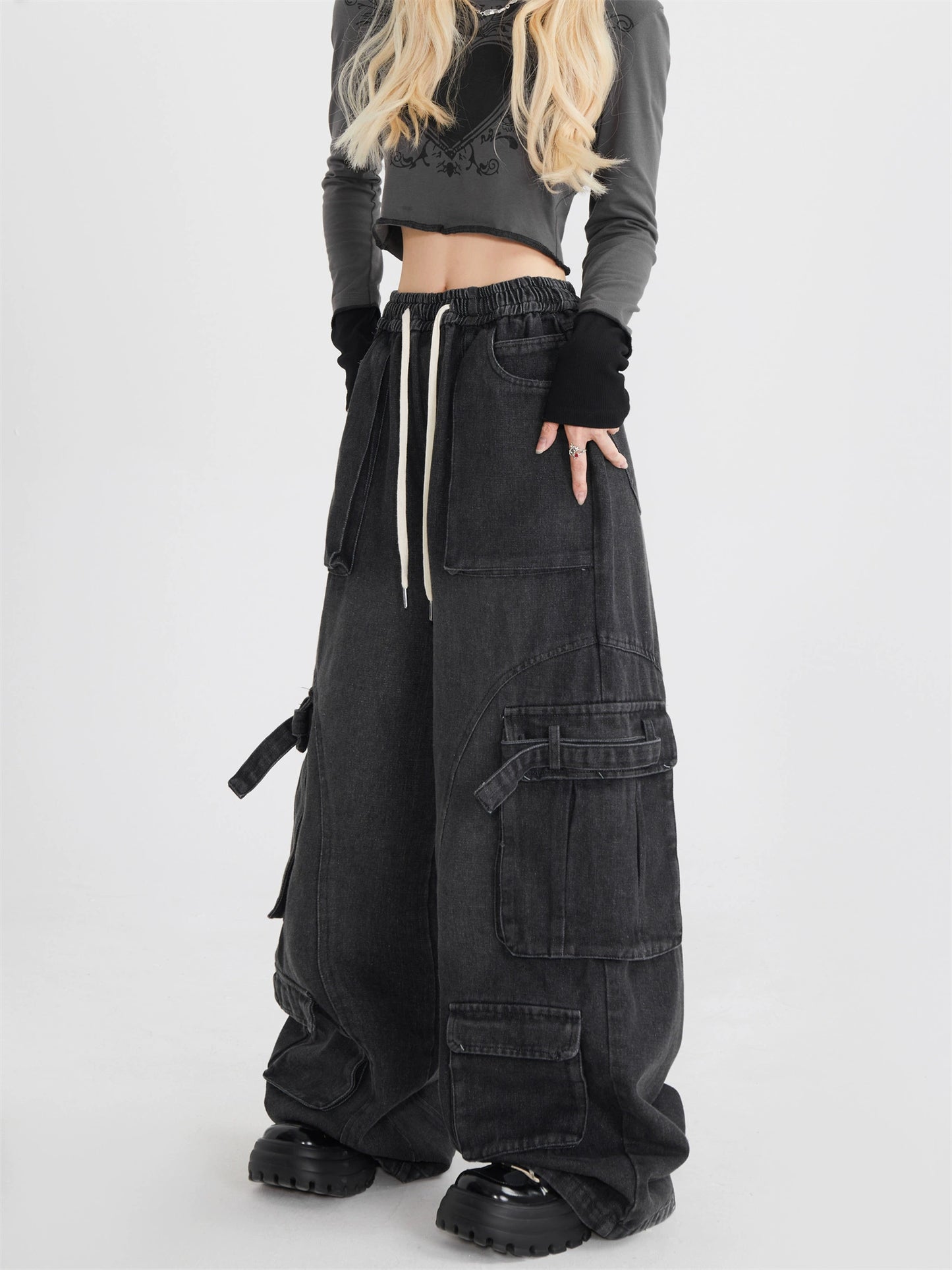 Trendy brand street hip-hop jeans Spice girl overalls loose straight mopping multi-pocket trousers