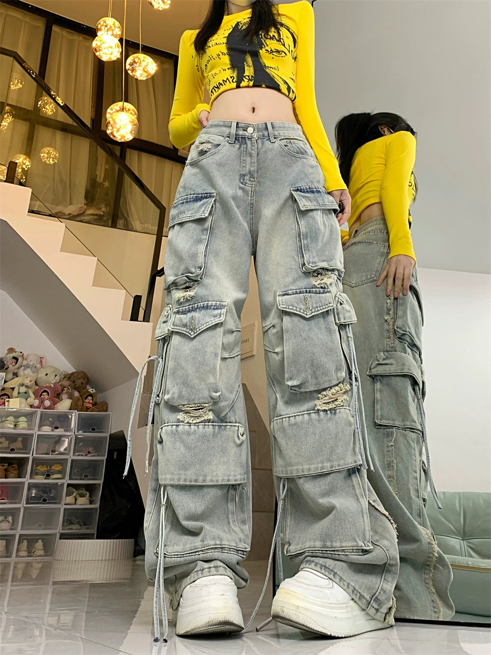 American retro heavy industry multi-pocket jeans women's high street vibe wind loose straight wide leg ripped overalls tide