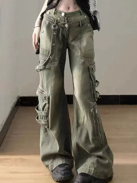 American retro Spice Girl Tooling Jeans Women's Street Design Sense Straight Loose Wide Leg Pendant Sense Long Pants