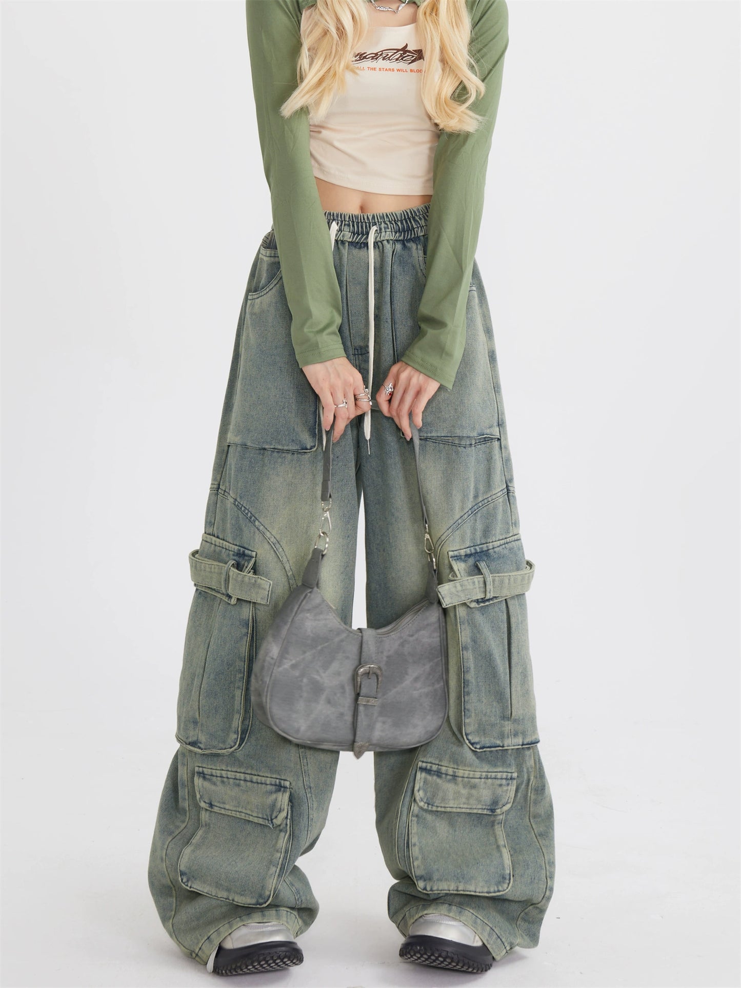 Trendy brand street hip-hop jeans Spice girl overalls loose straight mopping multi-pocket trousers