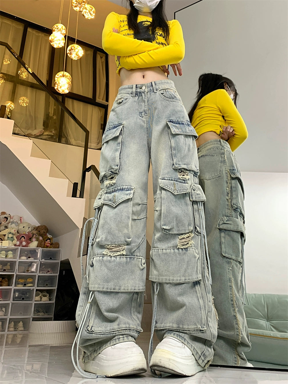 American retro heavy industry multi-pocket jeans women's high street vibe wind loose straight wide leg ripped overalls tide