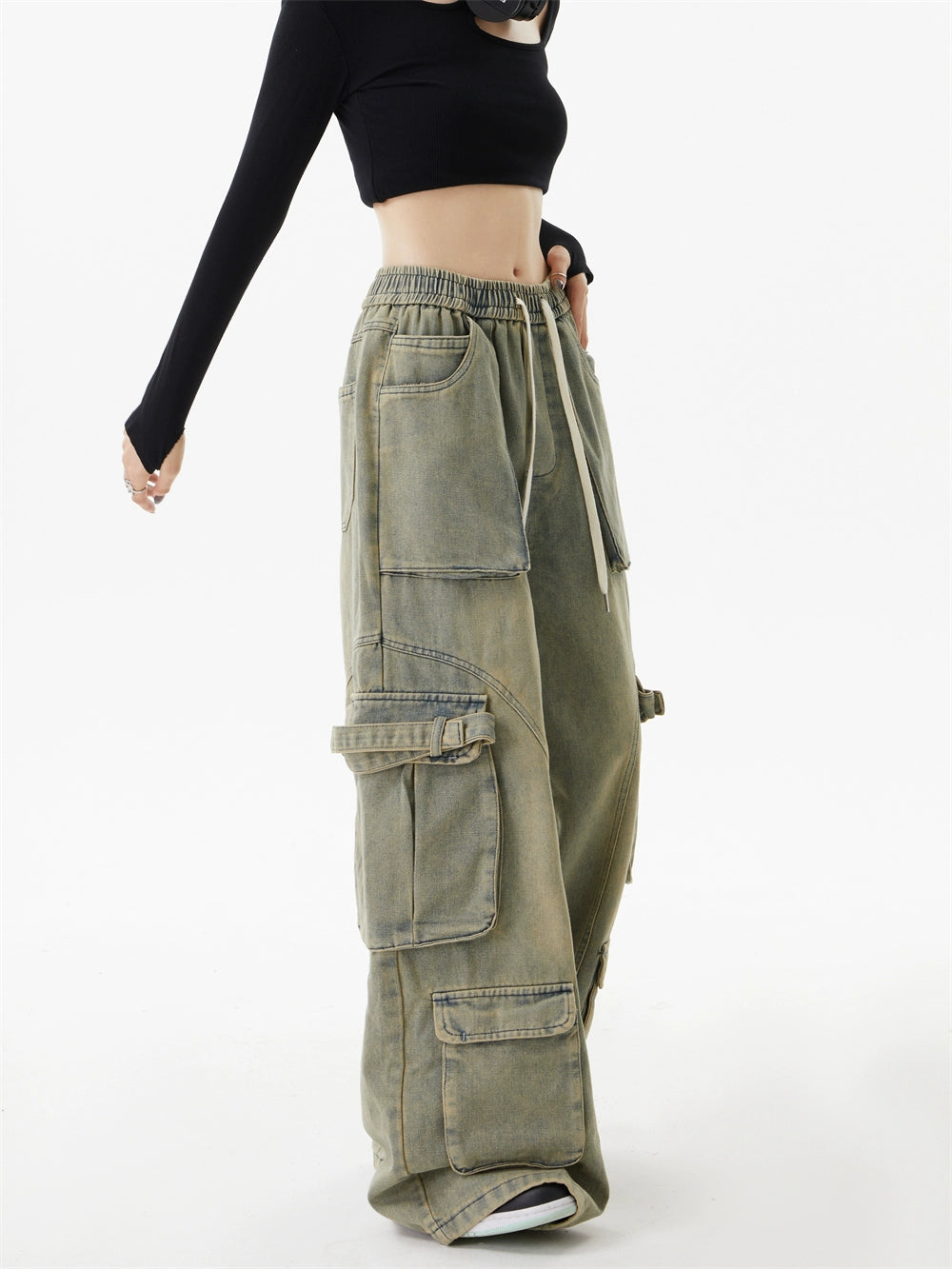 American three-dimensional multi-pocket washing jeans street retro loose wide-leg casual trousers