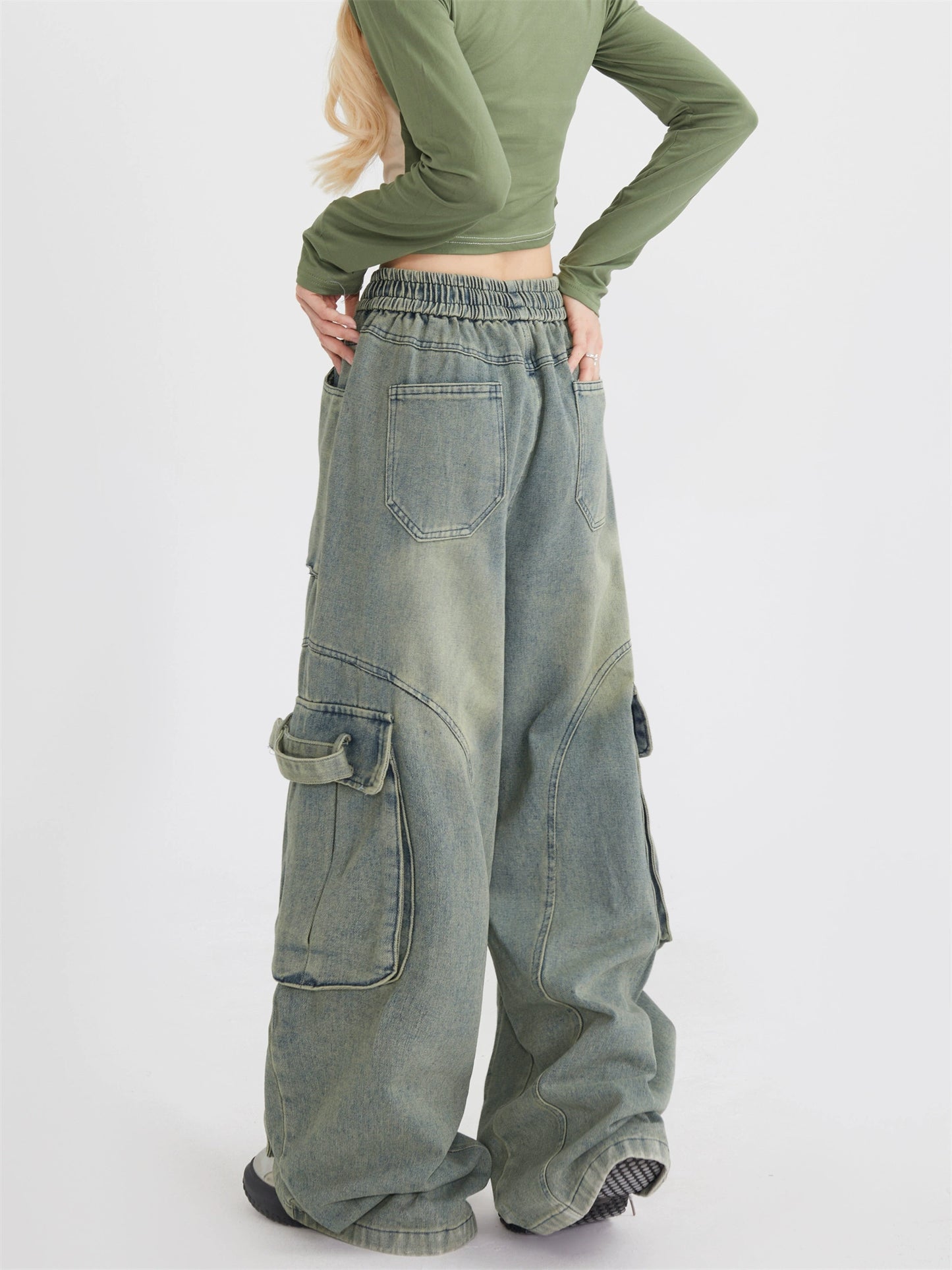 Trendy brand street hip-hop jeans Spice girl overalls loose straight mopping multi-pocket trousers