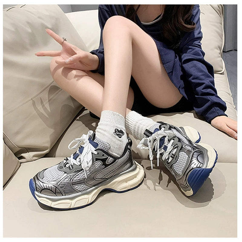 Gray dad shoes women's summer platform sneakers black heightening shoes round head small waist shoes casual small black shoes