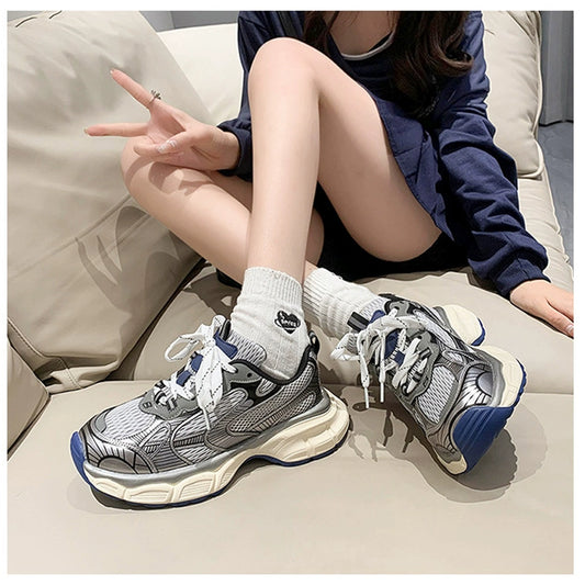 Gray dad shoes women's summer platform sneakers black heightening shoes round head small waist shoes casual small black shoes