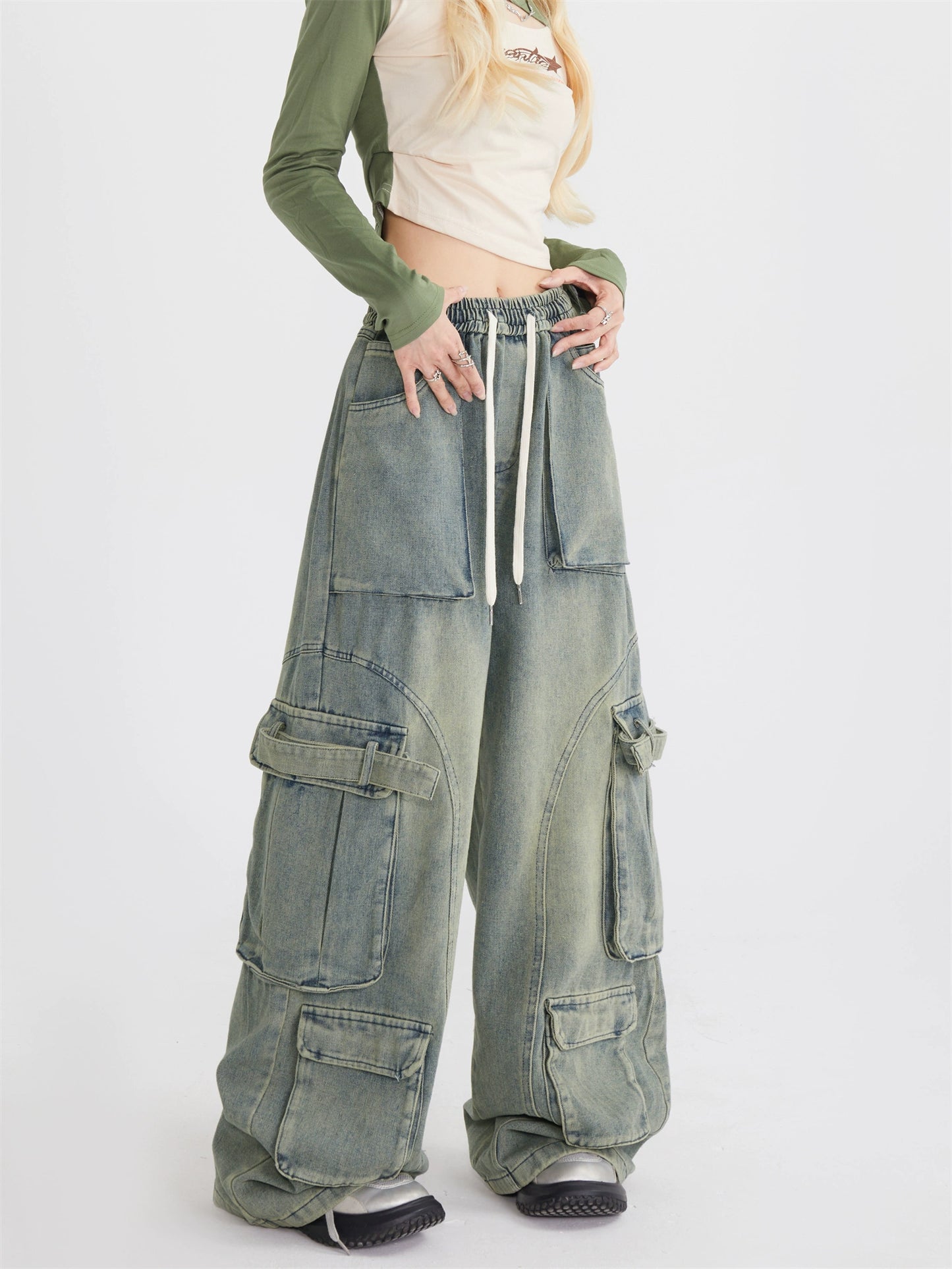 Trendy brand street hip-hop jeans Spice girl overalls loose straight mopping multi-pocket trousers