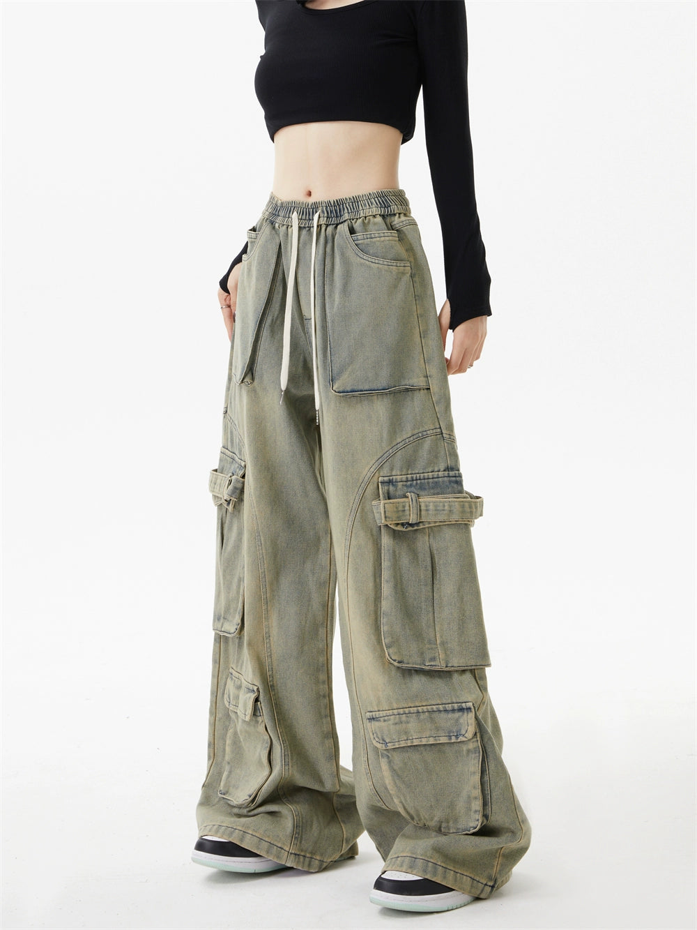 American three-dimensional multi-pocket washing jeans street retro loose wide-leg casual trousers