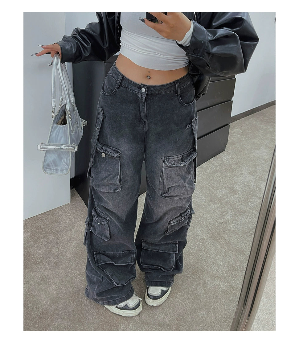 Large size multi-pocket tooling jeans women's high waist straight loose and thin wide leg pendant trousers