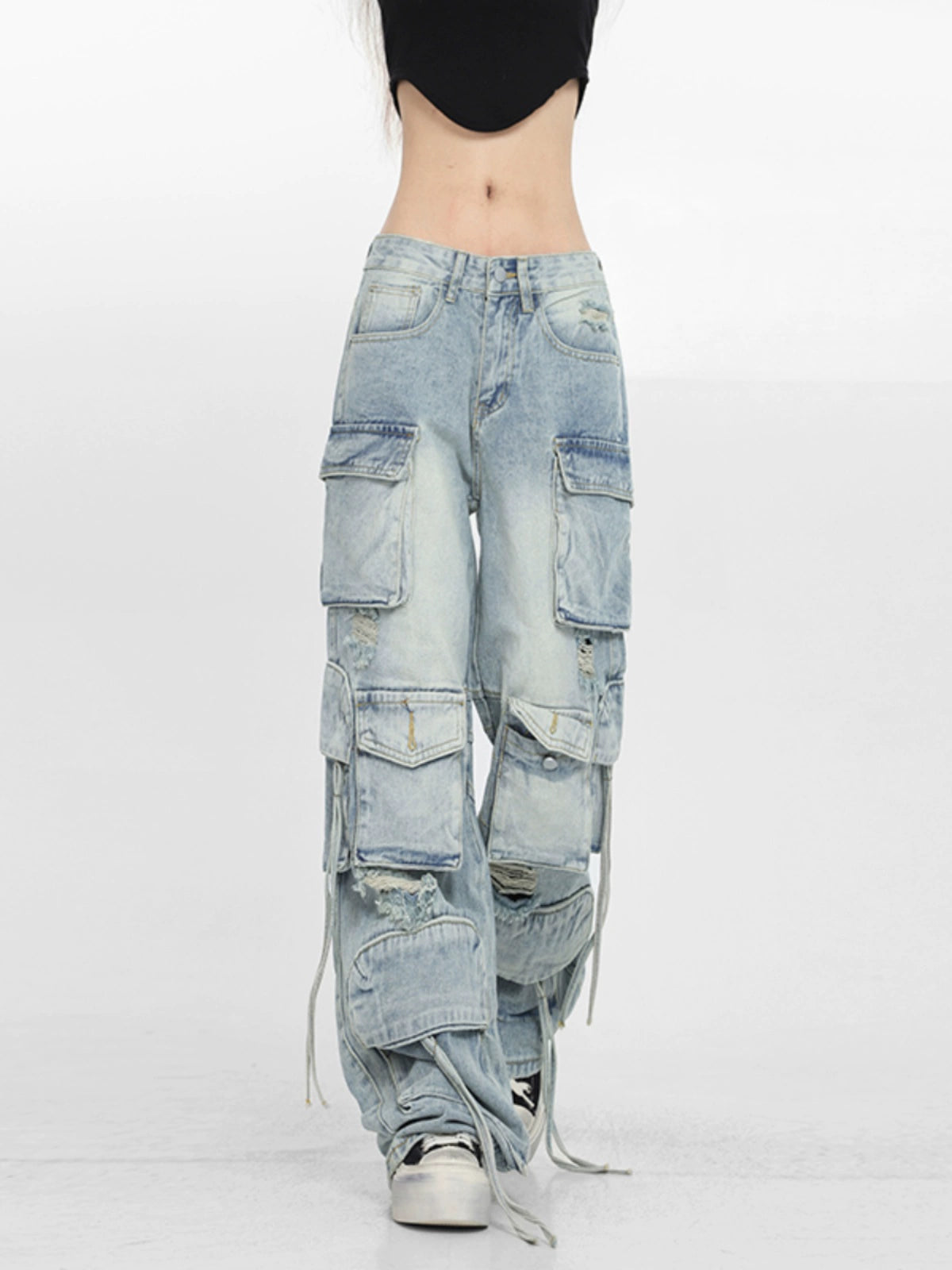 American hip-hop pants multi-pocket heavy industry overalls women's summer high-waisted retro straight jeans