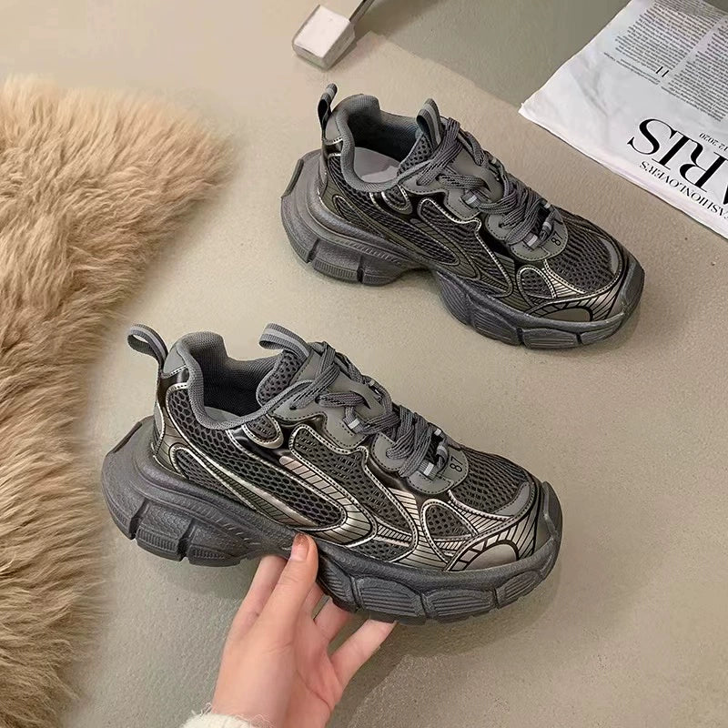 Gray dad shoes women's spring and summer Paris platform sneakers small waist casual shoes heightening lace-up small black shoes