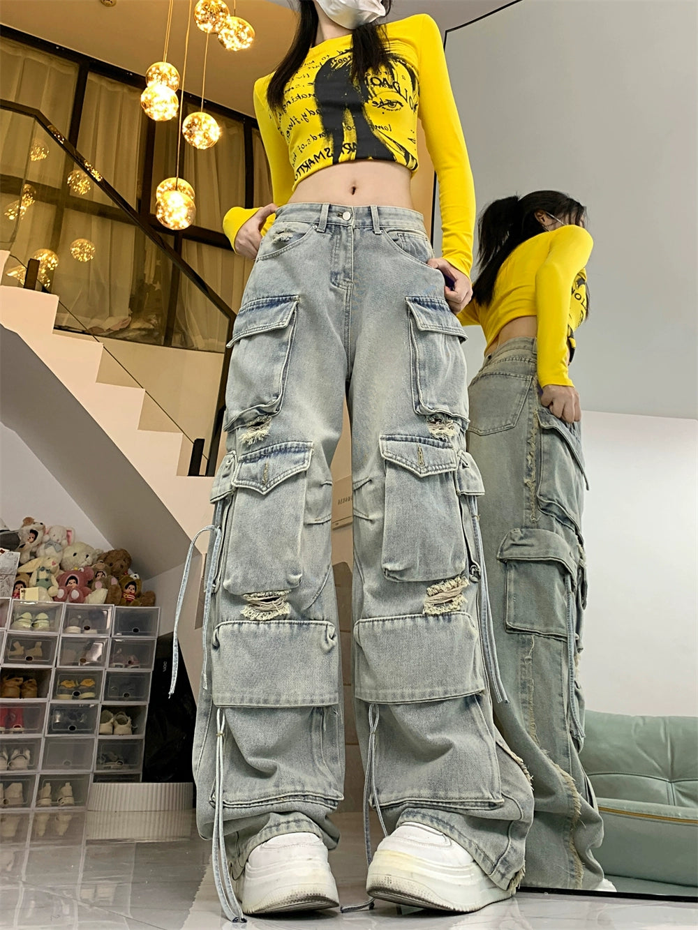 American retro heavy industry multi-pocket jeans women's high street vibe wind loose straight wide leg ripped overalls tide