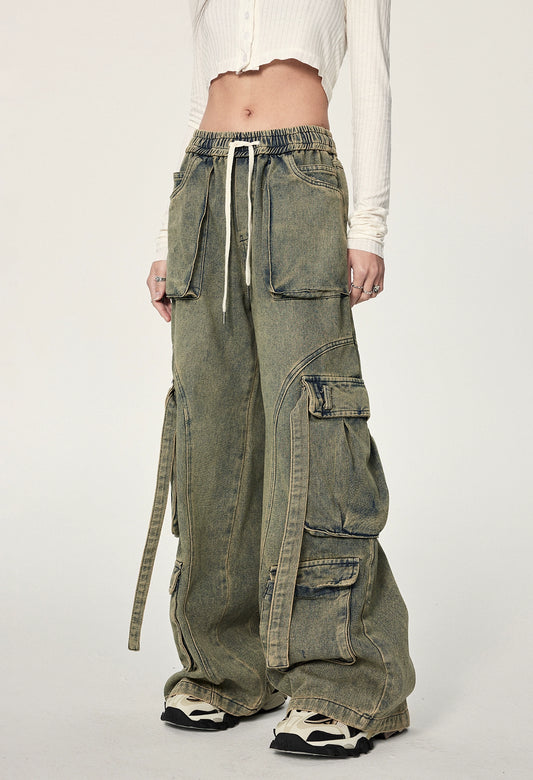 Street hottie American retro washed old jeans women's autumn new loose overalls trousers