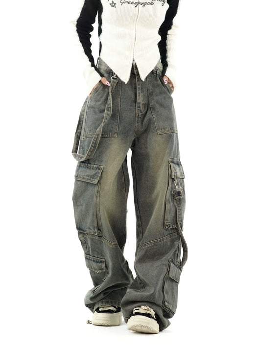 American retro washed old jeans multi-pocket tooling streamer trousers men's and women's versatile floor pants