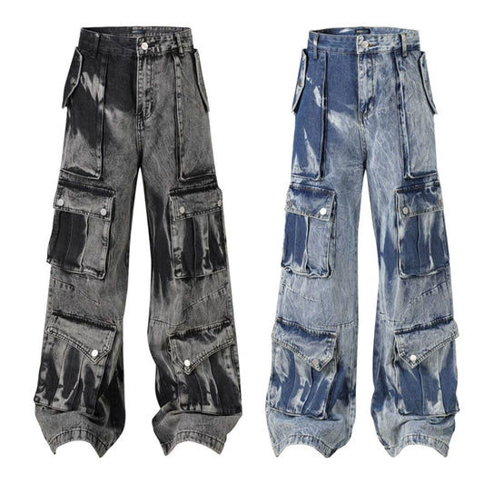 Dark wash old tooling function multi-pocket jeans heavy industry straight wide-leg floor-mopping trousers