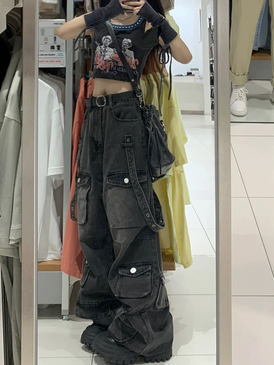 American high street vibe retro multi-pocket lumberjack jeans women's trendy design loose straight wide-leg pants