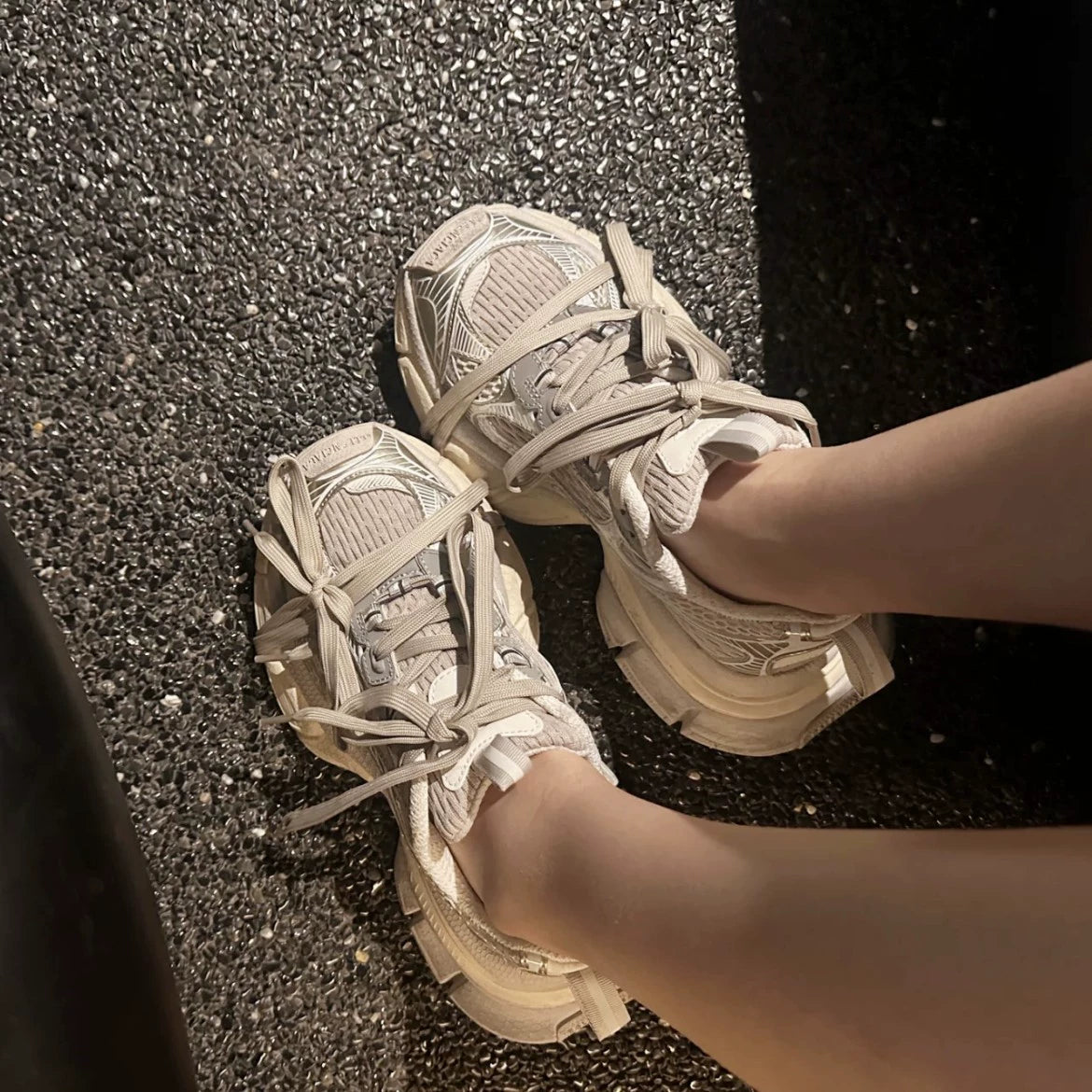 Trendy and textured! Champagne gold thick sole increases the height of casual versatile leather dad shoes for women