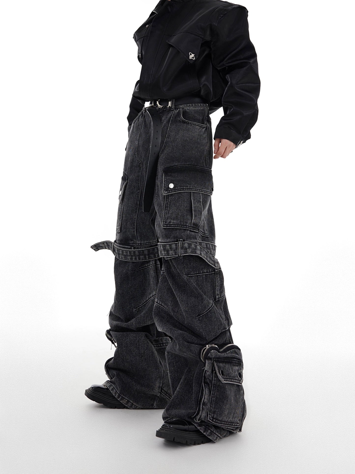 Niche heavy-duty washed deconstruction multi-pocket jeans three-dimensional strap design wide-leg overalls