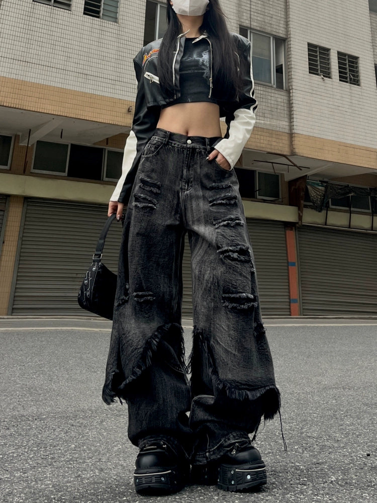 American high street fake two-piece hip-hop jazz old jeans women's wide-leg street hip-hop rough edge tooling