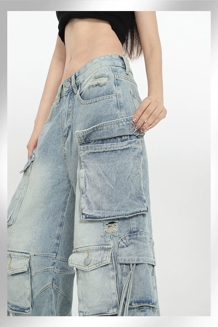 American hip-hop pants multi-pocket heavy industry overalls women's summer high-waisted retro straight jeans