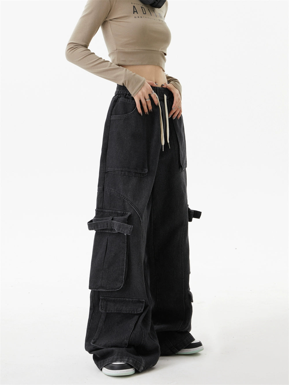 American three-dimensional multi-pocket washing jeans street retro loose wide-leg casual trousers