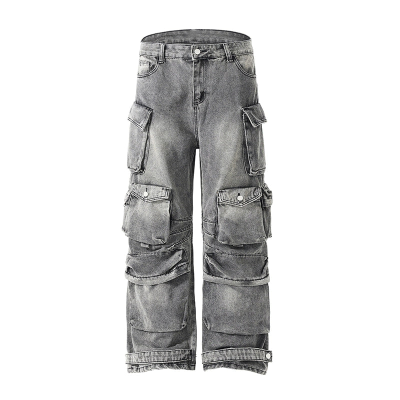 Heavy washed multi-pocket old jeans men's niche loose straight American pants