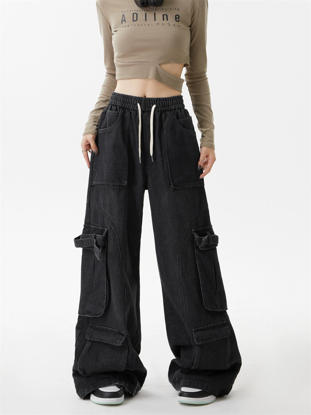 American three-dimensional multi-pocket washing jeans street retro loose wide-leg casual trousers