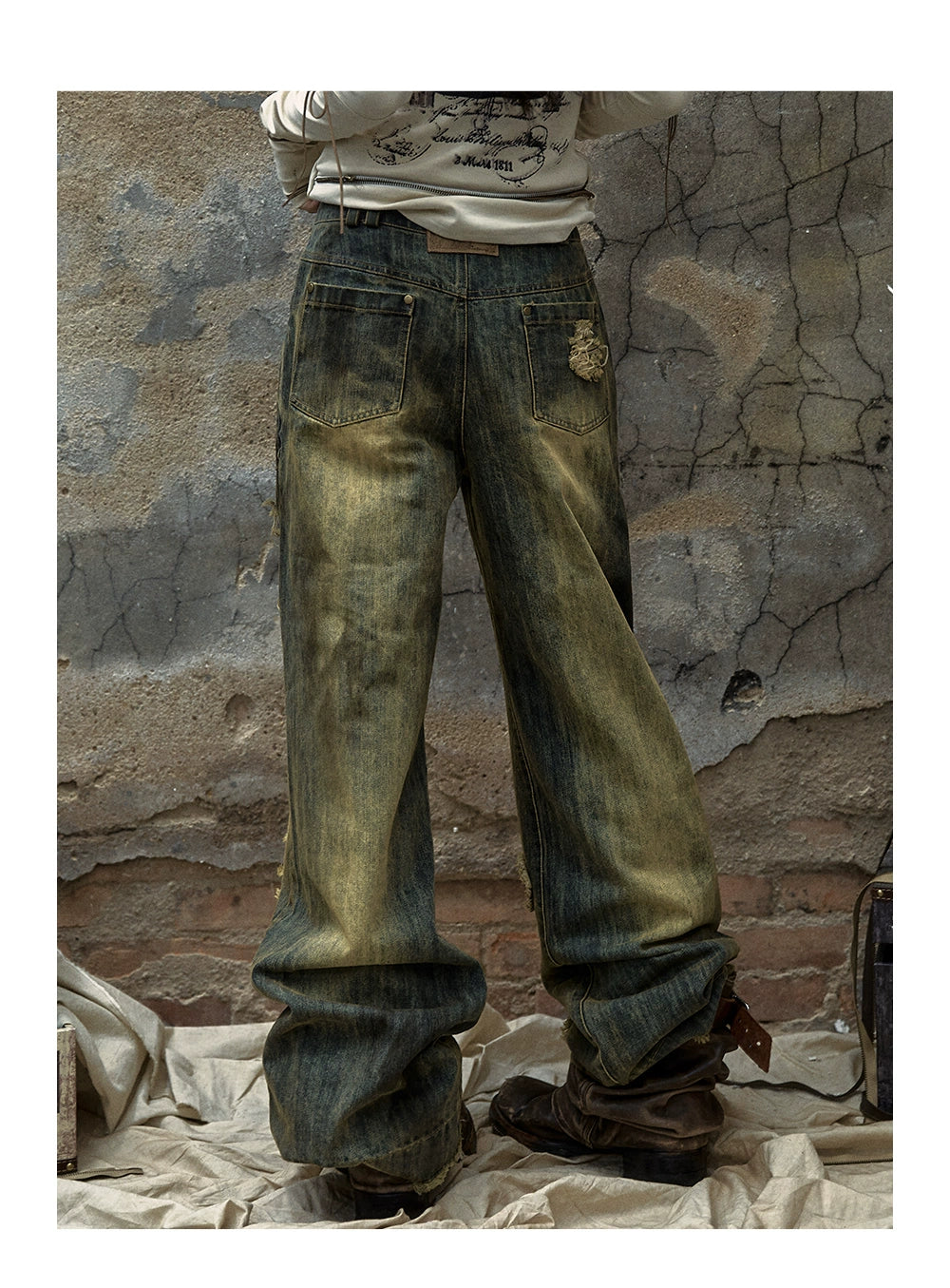 American retro street waste soil hand-polished washed ripped holes loose wide-leg jeans trousers