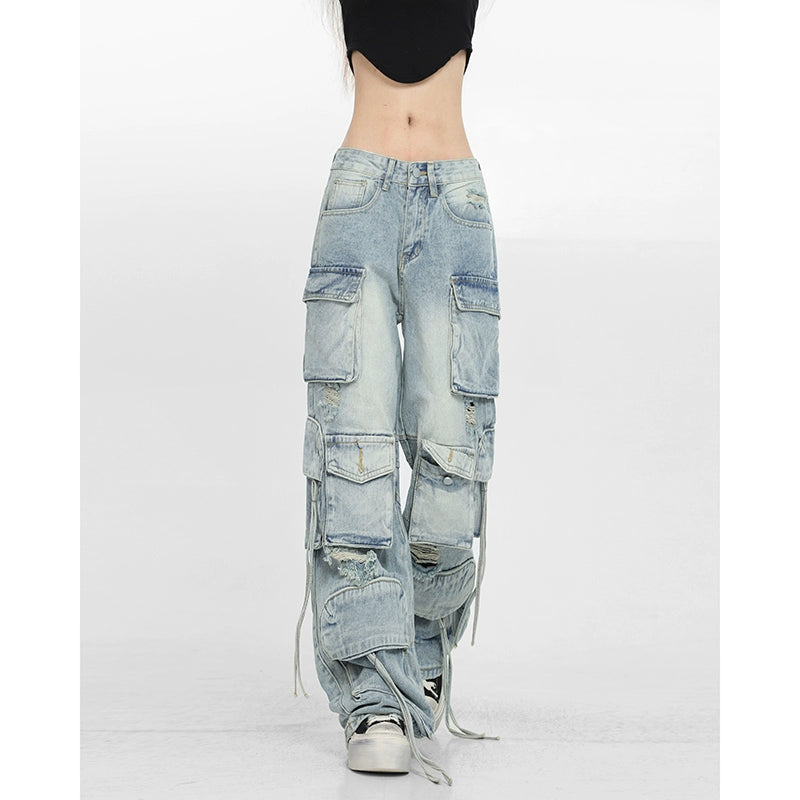 American hip-hop pants multi-pocket heavy industry overalls women's summer high-waisted retro straight jeans