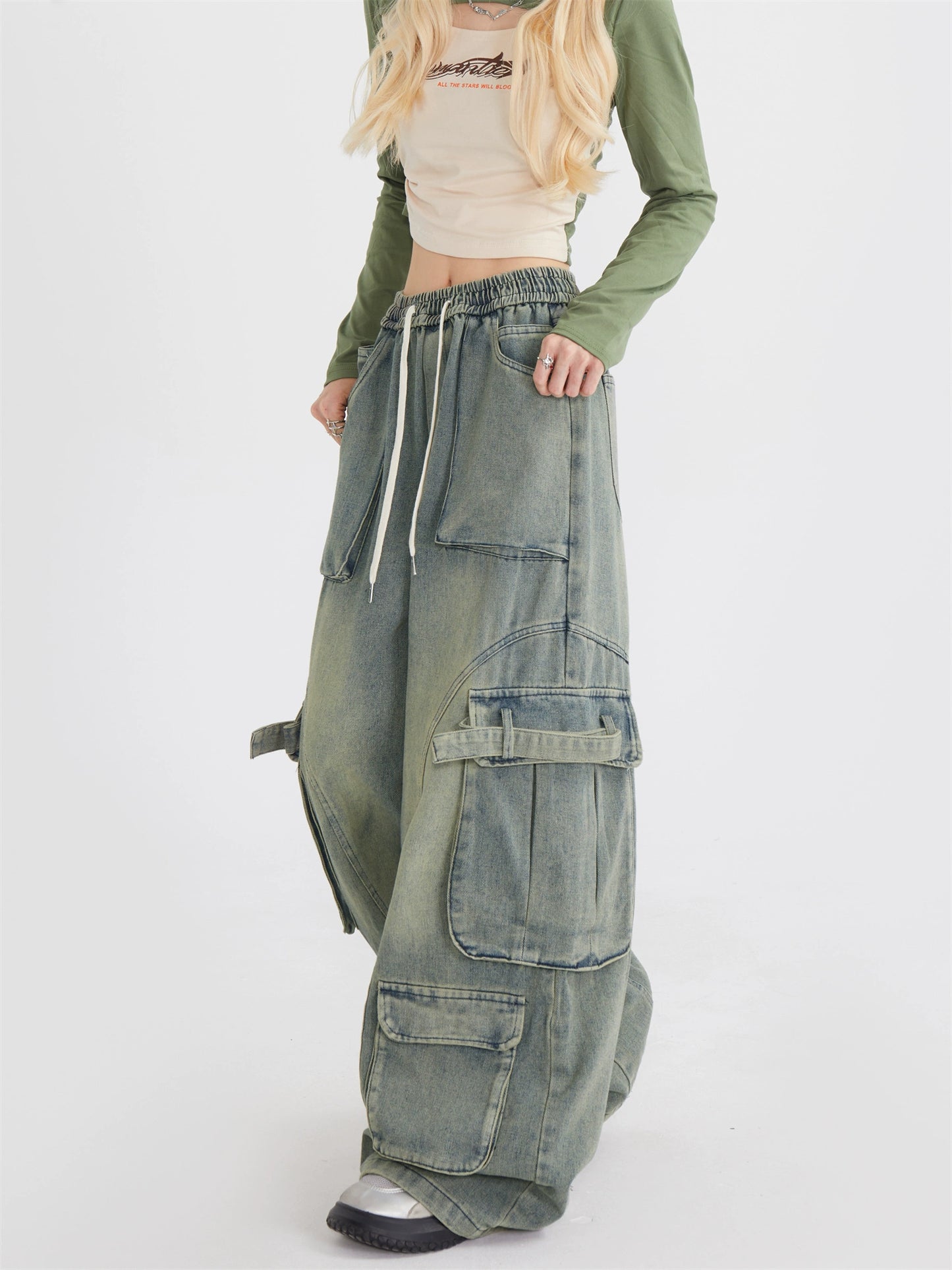 Trendy brand street hip-hop jeans Spice girl overalls loose straight mopping multi-pocket trousers