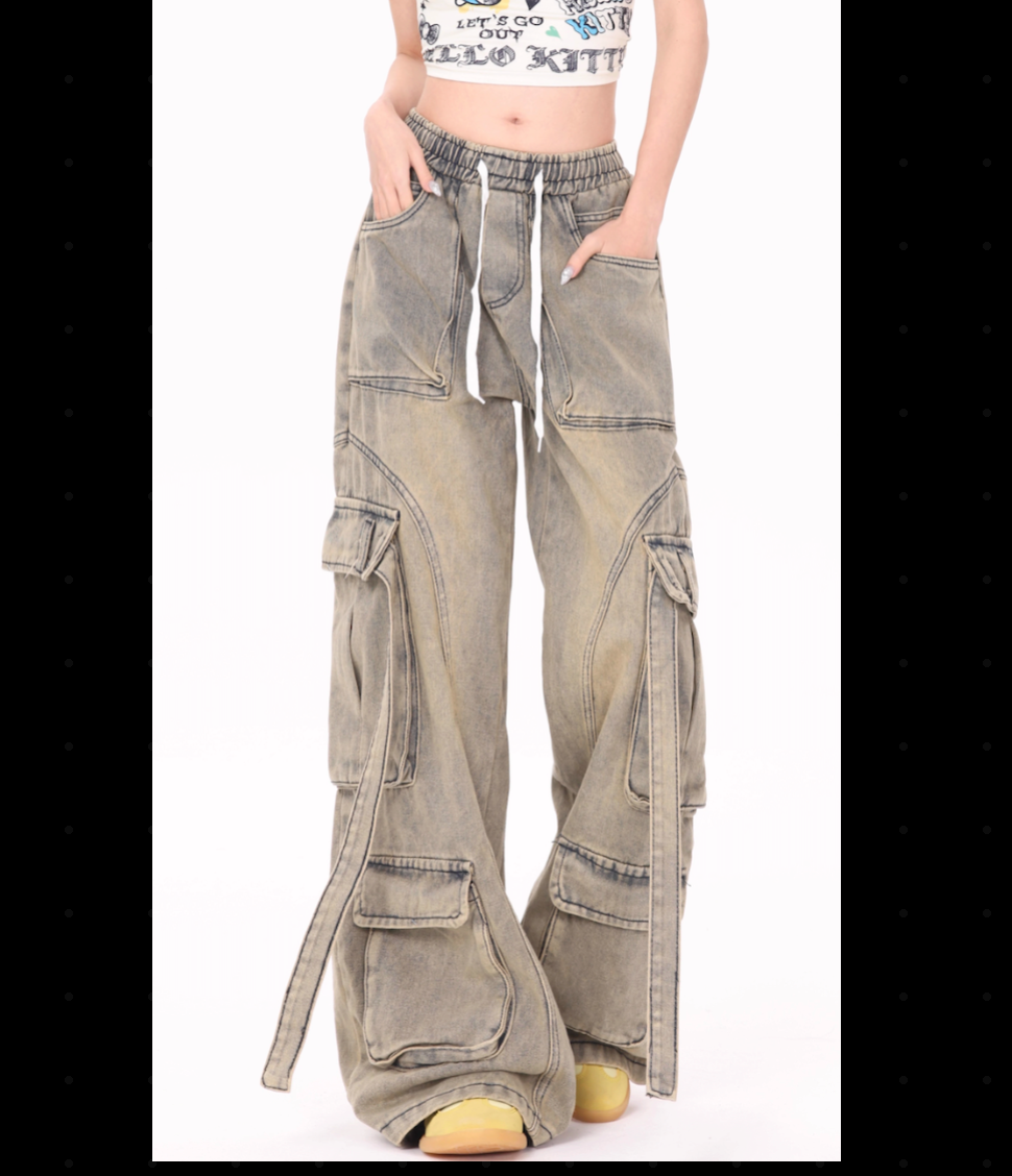 American Street Hip Hop Babes Do Old Denim Overalls Design Sense Heavy Industry Multi-Pocket Wide Leg Pants