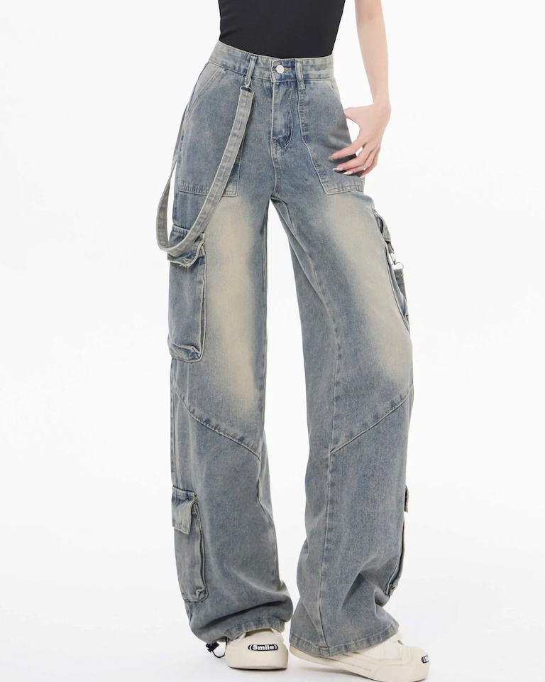 American Vintage Multi-Pocket Work Jeans Spice Girls High Street High Waist Skinny Wide Leg Floor Pants