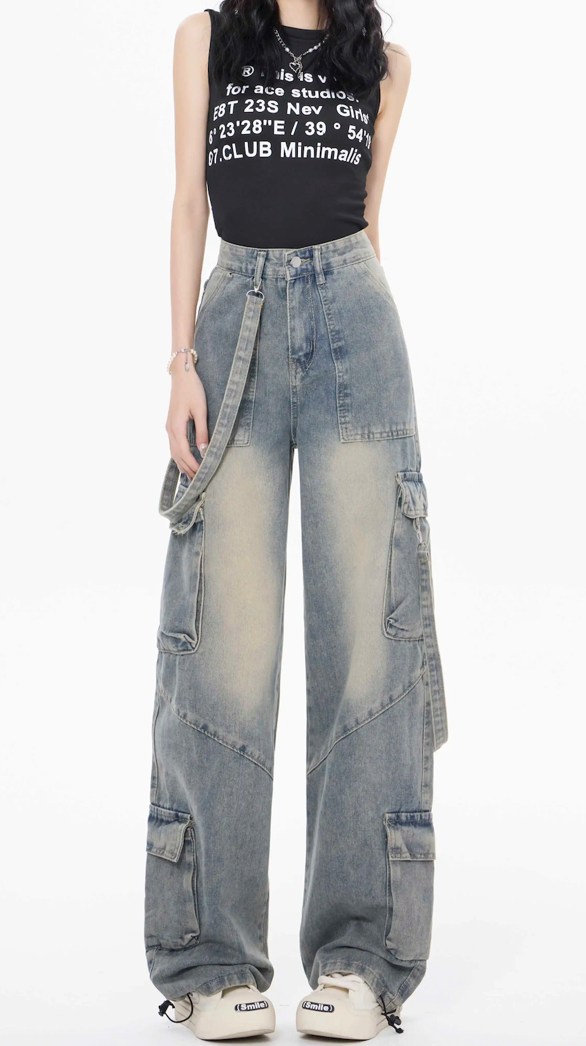 American Vintage Multi-Pocket Work Jeans Spice Girls High Street High Waist Skinny Wide Leg Floor Pants