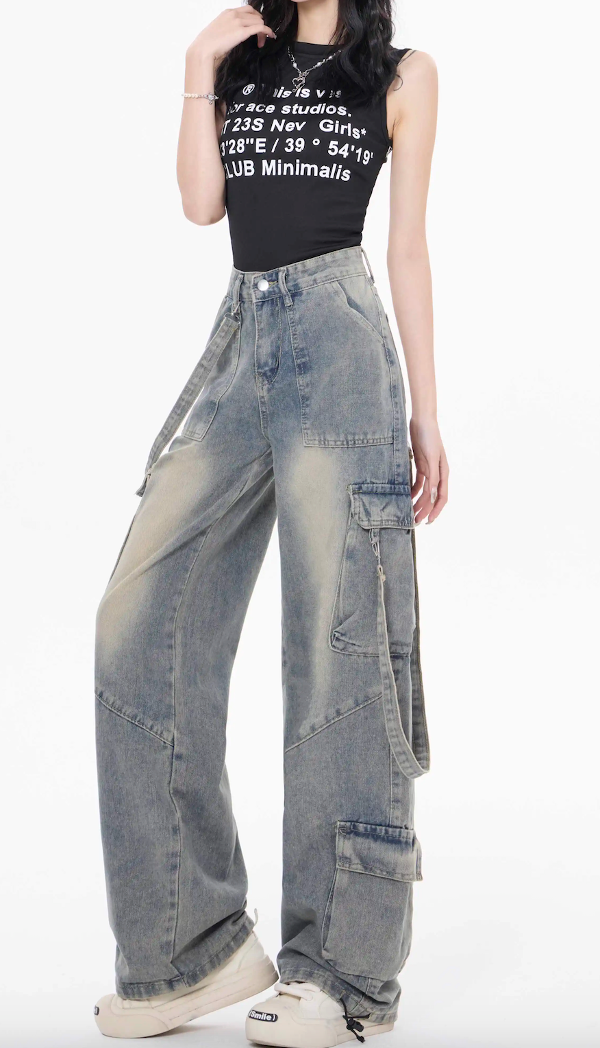 American Vintage Multi-Pocket Work Jeans Spice Girls High Street High Waist Skinny Wide Leg Floor Pants