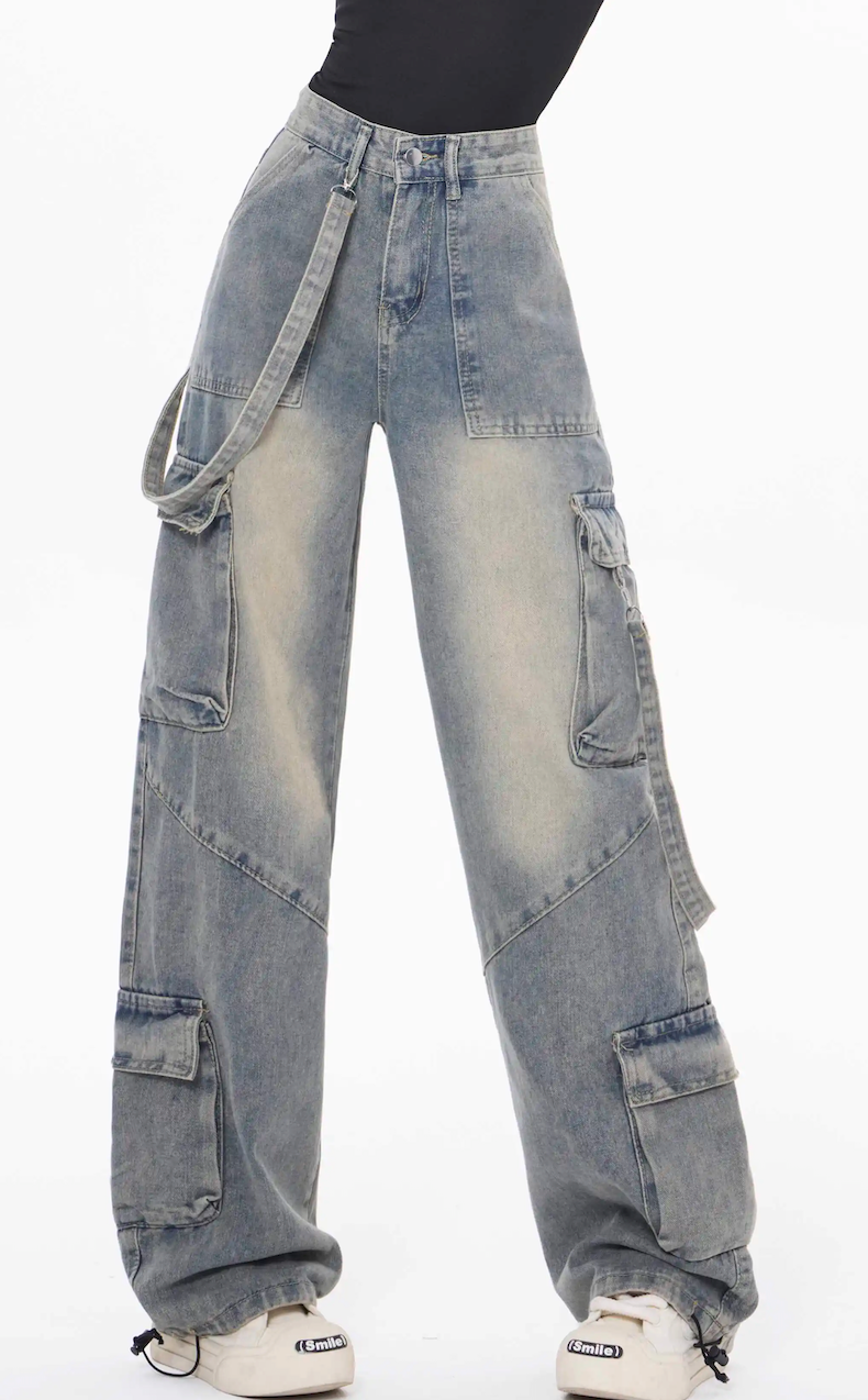 American Vintage Multi-Pocket Work Jeans Spice Girls High Street High Waist Skinny Wide Leg Floor Pants