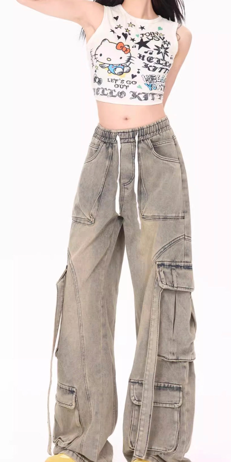 American Street Hip Hop Babes Do Old Denim Overalls Design Sense Heavy Industry Multi-Pocket Wide Leg Pants