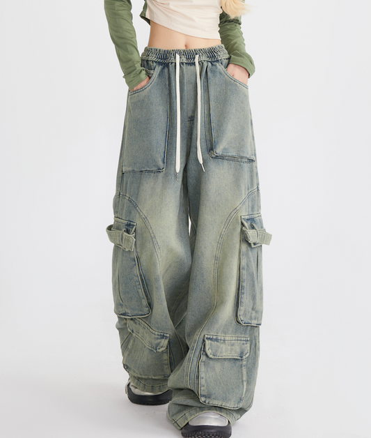 Trendy brand street hip-hop jeans Spice girl overalls loose straight mopping multi-pocket trousers