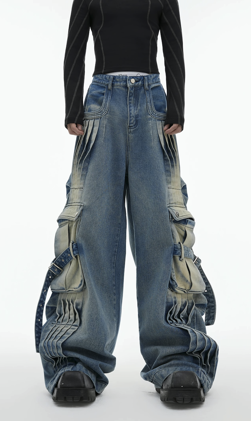 Niche deconstruction pleated old design sense heavy industry big pocket wide leg jeans