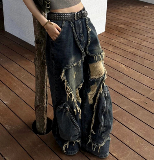 American high street design sense deconstruction fringed ripped jeans men and women spring and autumn retro old big pocket mopping pants