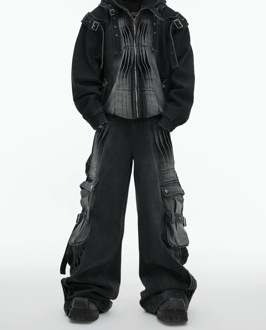 Niche deconstruction pleated old design sense heavy industry big pocket wide leg jeans