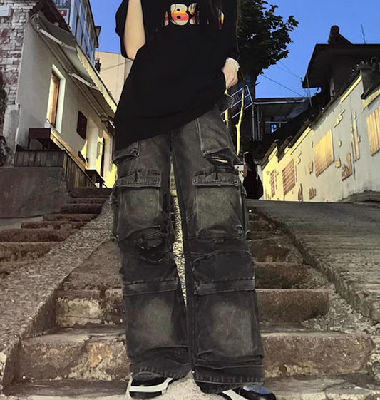 American retro trendy brand design sense multi-pocket jeans men's and women's hip-hop straight-leg pants